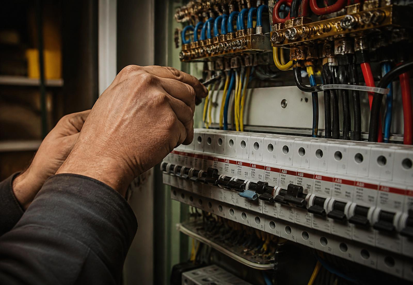 Le mani di Doriano al lavoro su un quadro elettrico